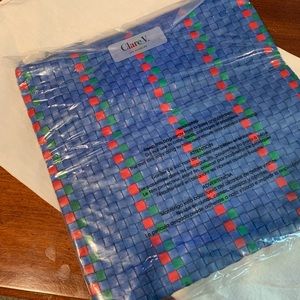 Clare V NEW- Foldover clutch w/ tabs- cobalt with emerald and cherry woven check
